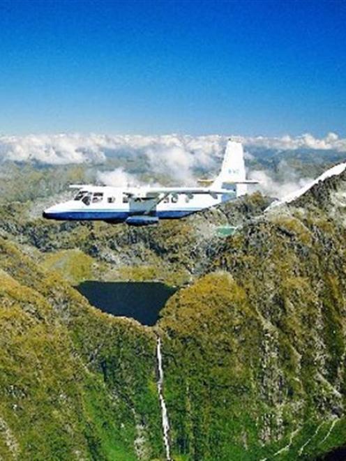 A sightseeing plane flies near Lake Quill and the Sutherland Falls in Fiordland. Photo supplied.