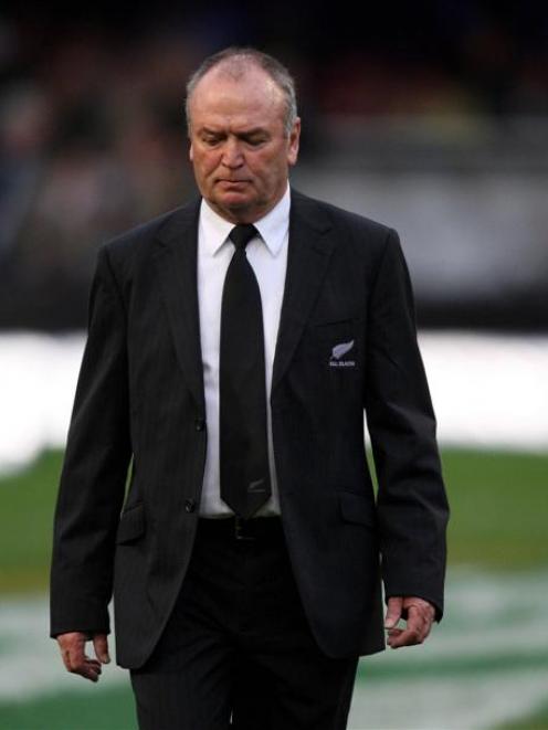 A sombre All Black coach Graham Henry looks on during the Tri-Nations clash between New Zealand...