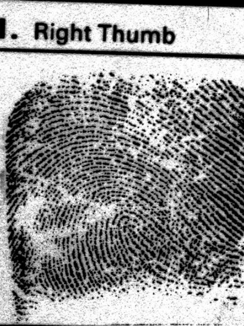 A thumbprint from Robin Bain, taken shortly after his death.  Photo from NZ Police.