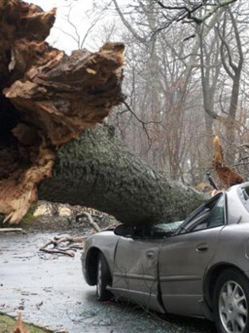 A tree lies across a smashed car at a home in Wantagh, New York, after strong winds and heavy...