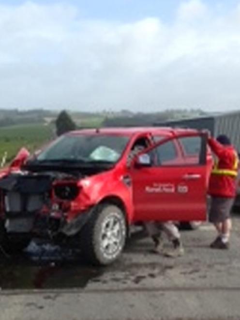 A ute after it crashed into a locomotive at a level crossing near Milburn yesterday morning....