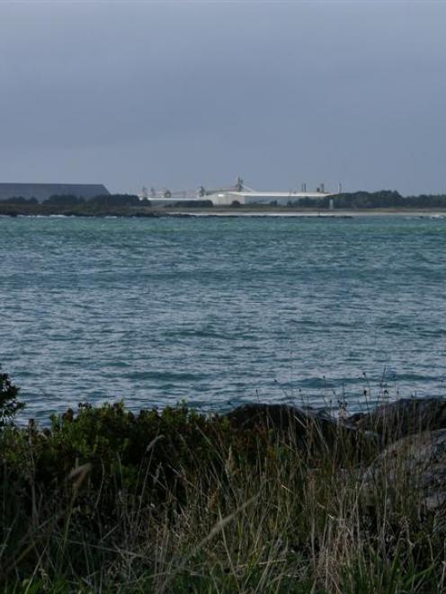A view across South Port's main shipping channel toward Tiwai Point and the aluminium smelter....