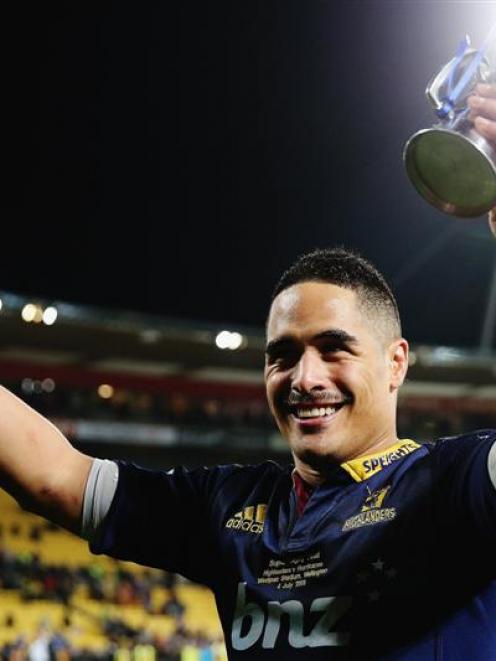 Aaron Smith celebrates after winning the 2015 Super Rugby championship with the Highlanders,...