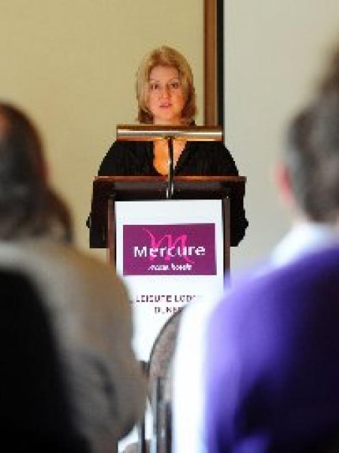 Act MP Heather Roy speaks at a party conference in Dunedin on Saturday. Photo by Craig Baxter.