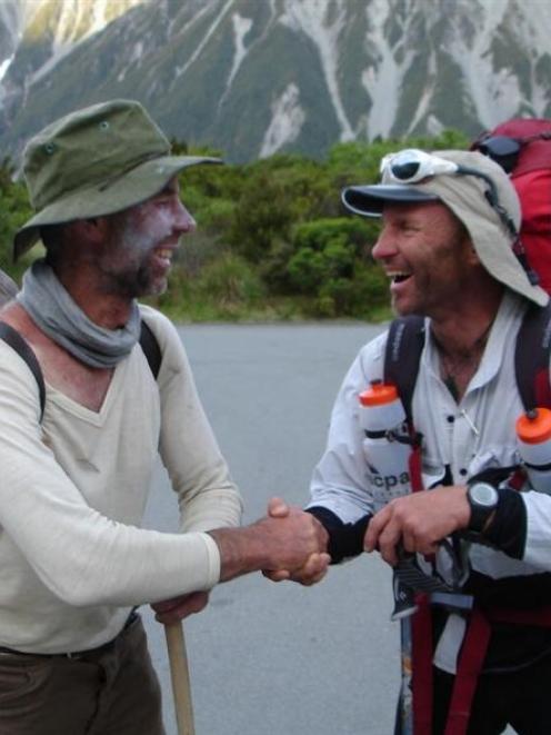 After their Aoraki/Mt Cook climb, Steve Moffatt (left) and Steve Gurney celebrate their return to...
