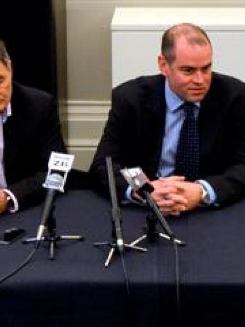 AgResearch acting chief executive Andrew McSweeney (right) and Dunedin Mayor Dave Cull respond to...