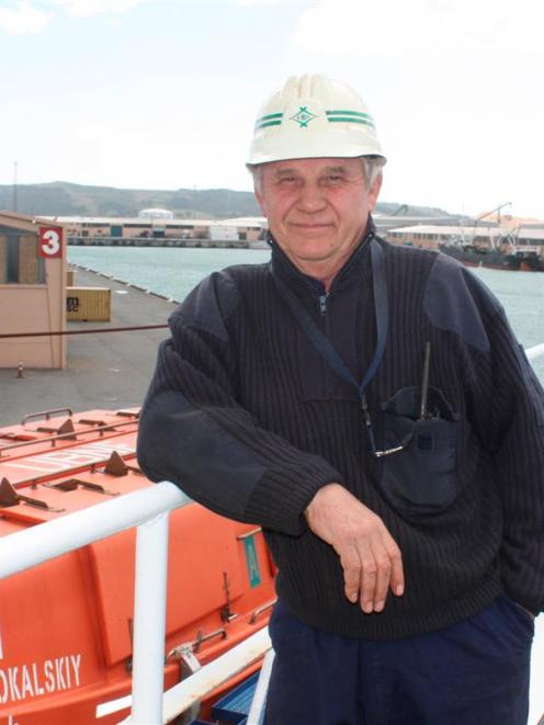 Akademik Shokalskiy bosun Sergey Bityutskiy on deck after the  ship's arrival at Bluff yesterday....