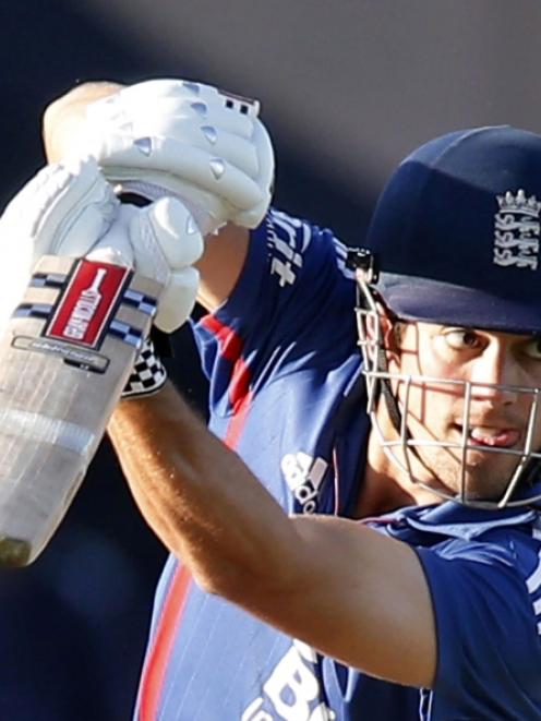 Alastair Cook plays a shot against New Zealand during the second cricket match of their one day...