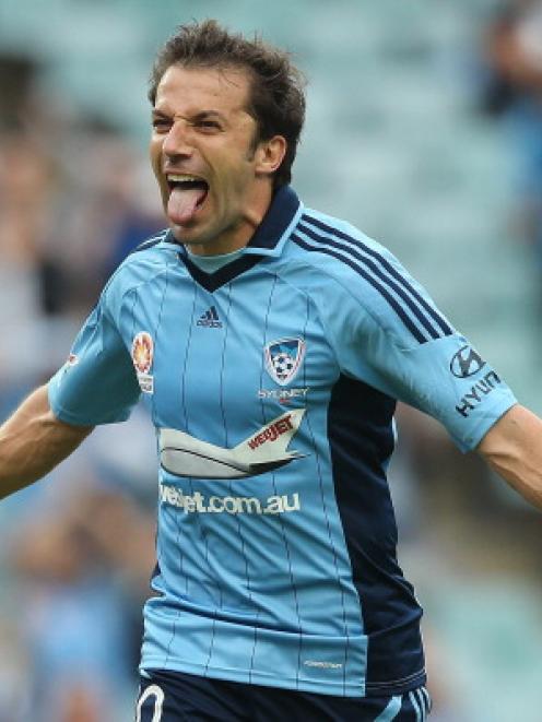 Alessandro Del Piero of Sydney FC celebrates after scoring against the Wellington Phoenix at...