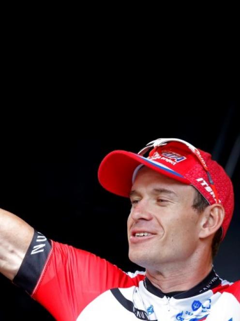 Alexander Kristoff celebrates on the podium after his win in the 222km 15th stage of the Tour de...