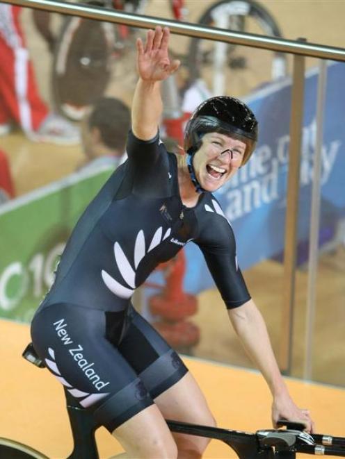 Alison Shanks celebrates her gold medal ride. Photo by The New Zealand Herald.