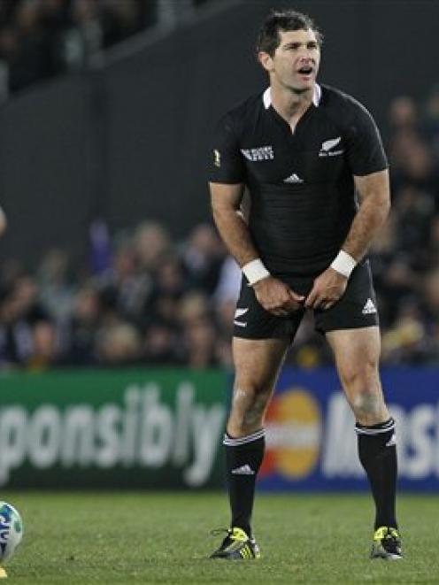 All Black first five Stephen Donald lines up a penalty attempt during the 2011 Rugby World Cup...