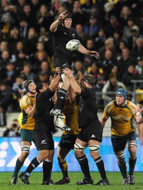 All Black lock Tom Donnelly is lifted in the line-out during his side's 33-6 win in the Tri...
