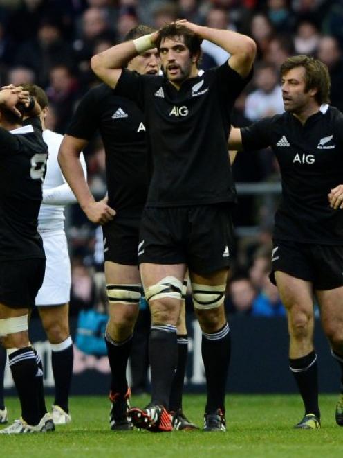 All Black players react during their test against England at Twickenham in London. REUTERS/Dylan...
