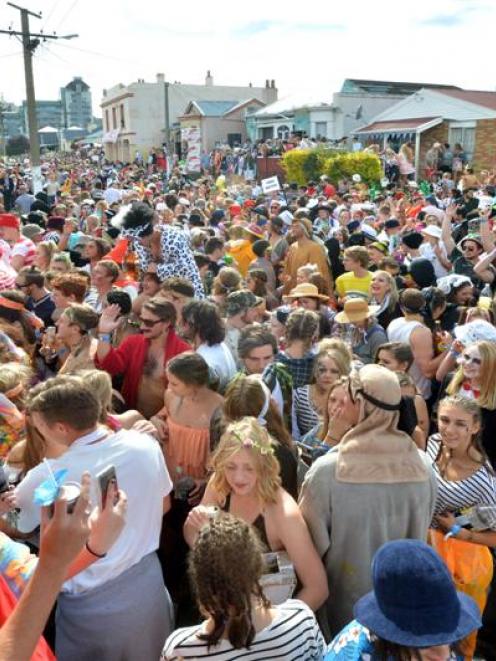 Almost 4000 revellers jammed into Hyde St in Dunedin for the annual keg party on Saturday. Photo...
