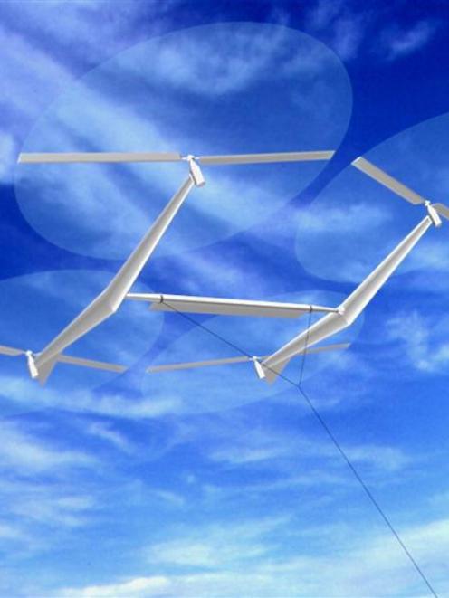 An artist's impression of a helicopter-style kite, a kilometre above the Earth, generating...