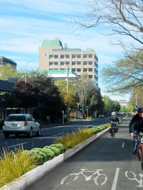 An artist's impression of a possible two-way separated cycle lane in central Dunedin. Image by NZTA.