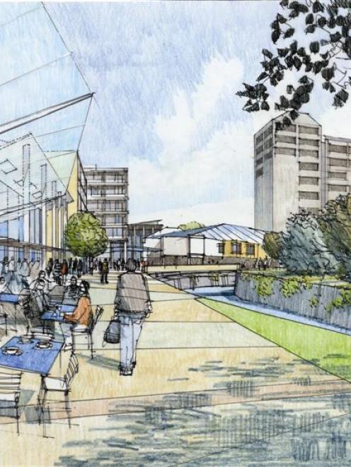 An artist's impression of parts of the Dunedin campus including a redeveloped Water of Leith....