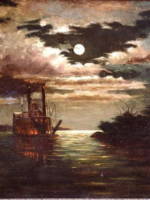 An oil on canvas painting, circa 1890, titled 'Natchez VII on the Mississippi River by Moonlight'...