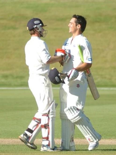 Anaru Kitchen (right) is congratulated by his Auckland team-mate, Reece Young, after Kitchen...