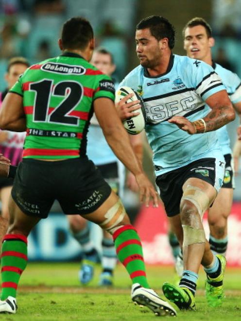 Andrew Fifita carries the ball for the Cronulla Sharks against the South Sydney Rabbitohs.