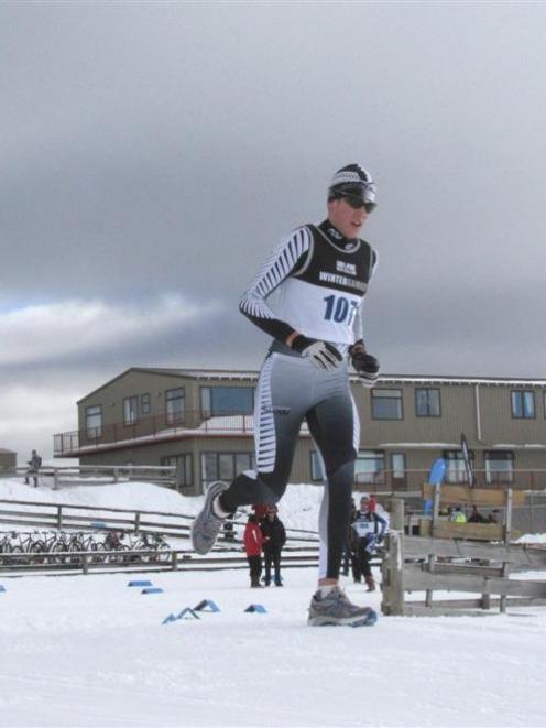 Andy Pohl, of Dunedin, leads the field on his way to a win in the winter triathlon at the Snow...