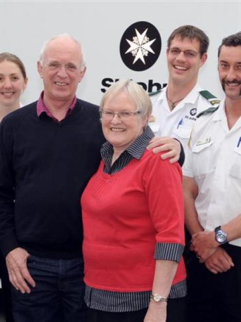 Ann and John Allen (centre) say thank you to the St John staff who saved her life (from left)...