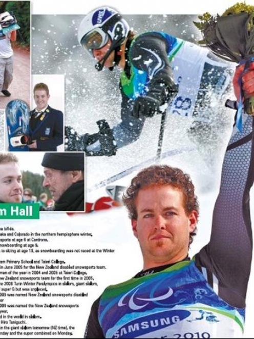 Anticlockwise from above right: Adam Hall on the podium after winning the men's standing slalom...