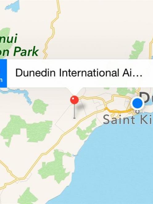 Apple Maps correctly places Dunedin International Airport in  the Taieri area. Graphic by Apple.