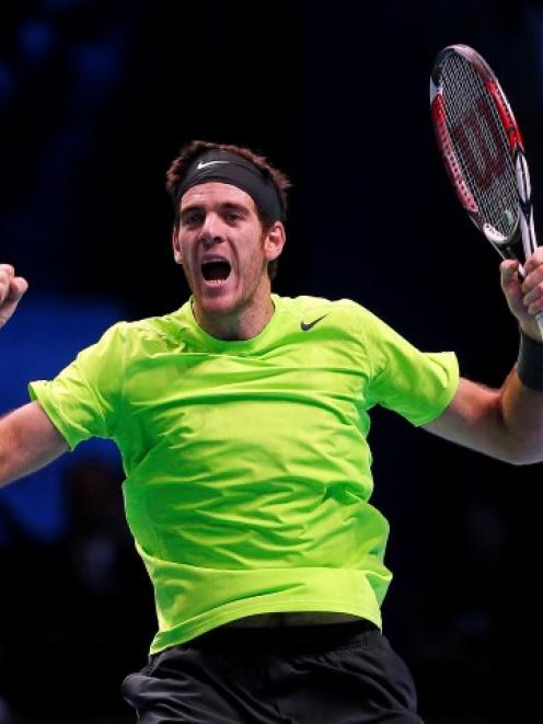 Argentina's Juan Martin Del Potro celebrates winning his men's singles tennis match against...