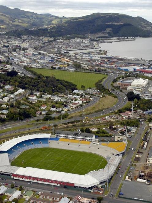 Carisbrook from the air and the car park at right. Photo by Craig Baxter.