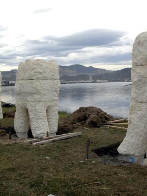 Artist Regan Gentry's nearly completed work Harbour Mouth Molars in Portsmouth Dr, Dunedin. Photo...
