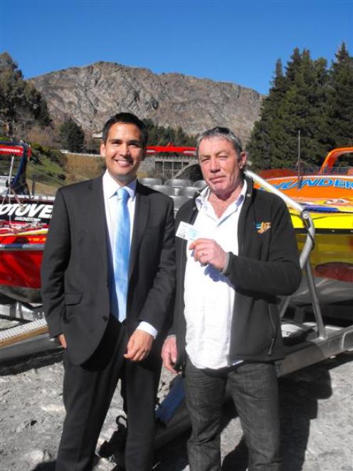 Associate Transport Minister Simon Bridges (left)  with Thunder Jet boat driver Neville Kelly...