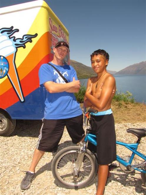 Auckland film-maker Tim McLachlan and actor James Rolleston (12), of Bay of Plenty, filming...