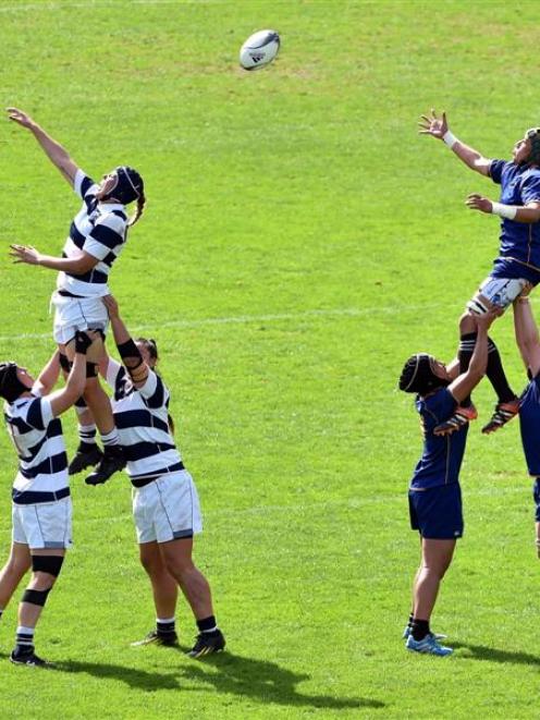 Auckland lock Shannon Leota (left) has no luck hauling in the ball at lineout time as Otago lock...