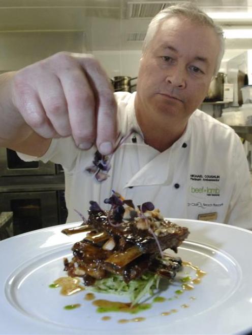 Award-winning chef Michael Coughlin adds a garnish to his Silere Alpine Origin Merino spare ribs...