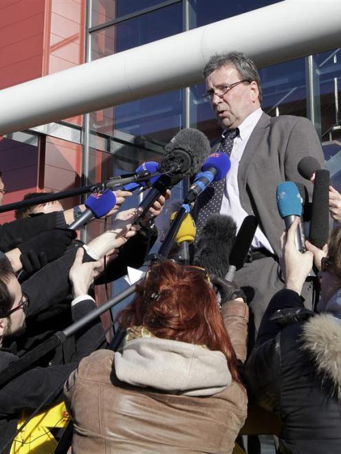 Barthelemy Aguerre, the president of French meat processor Spanghero, speaks to the media outside...