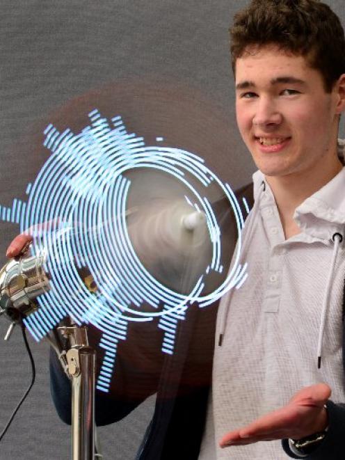Bayfield High School pupil Shaun Tocher with his Clepsydra volumetric visualiser display which...