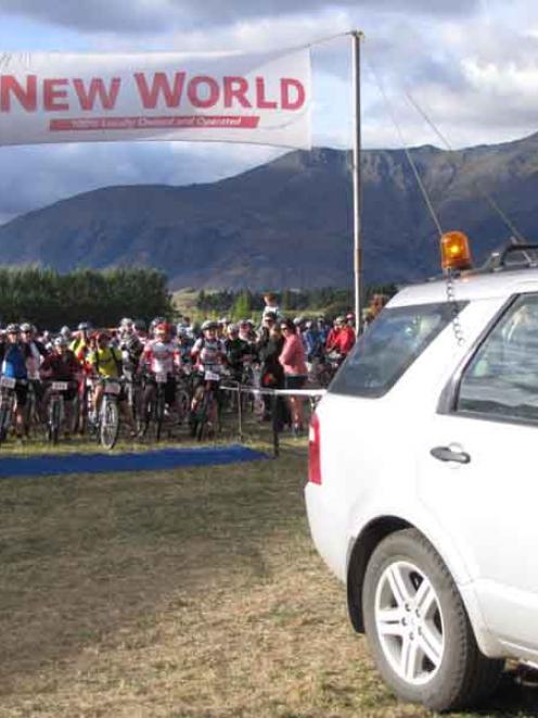 Bikers get ready for the lead car to guide them through the start area near Millbrook.