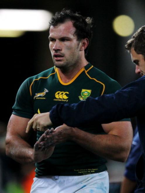 Bismarck du Plessis of South Africa walks off after being yellow carded. (Photo by Anthony Au...