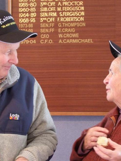 Kaitangata residents Fred Uren (71) Jeanie Coughlan (74) hold an animated conversation during the...