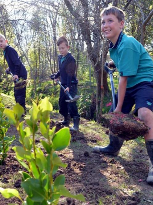 Blake Conroy (9, left), Liam Wilson (10, centre) and Devin Colston (10) plant trees at East...