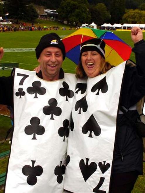 Bob McMurdo and Kerry Hapuku, from Invercargill, wear the costume they have also worn to sevens...