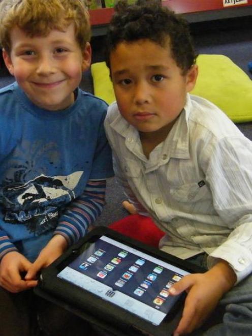 Bradford School Year 2 and 3 pupils (from left) Elijah Trounson (6) and Nikau Poki (7) try out...