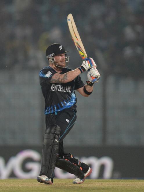 Brendon McCullum hits a six on his way to 65 against the Netherlands. Photo Getty Images