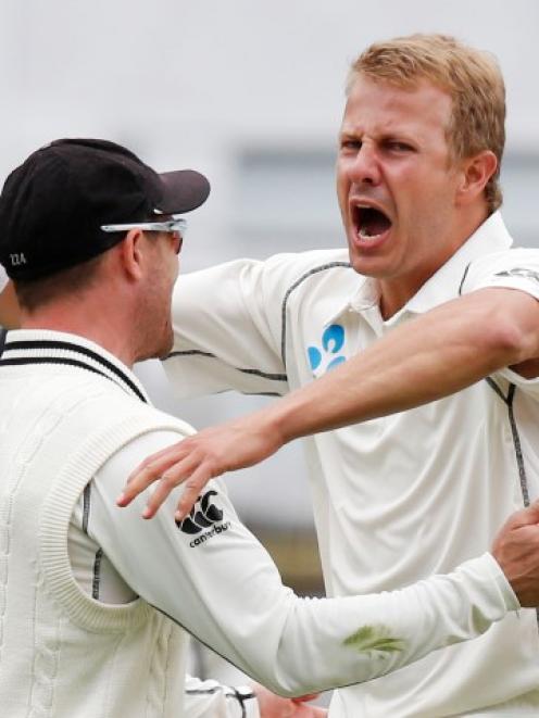Brendon McCullum (L) and Neil Wagner celebrate Wagner's dismissal of Murali Vijay in the first...