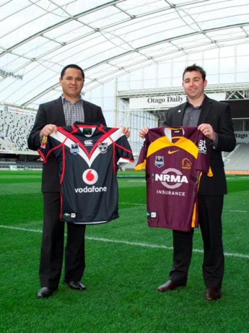 Brisbane Broncos marketing manager Terry Reader (left) and New Zealand Warriors general manager...