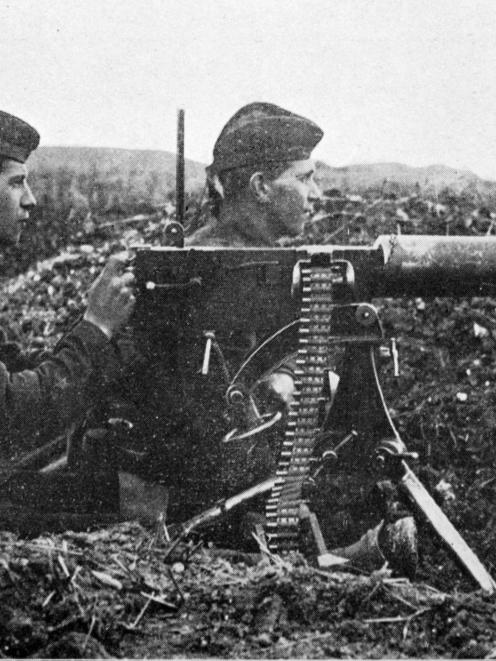 British artillery in action: Cameron Highlanders with a Maxim gun. - Otago Witness, 21.10.1914....