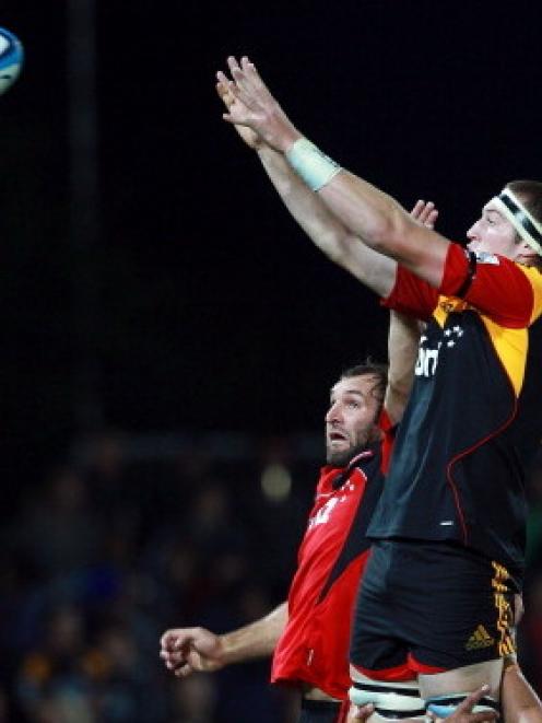 Brodie Retallick of the Chiefs receives a lineout throw during the round three match against the...