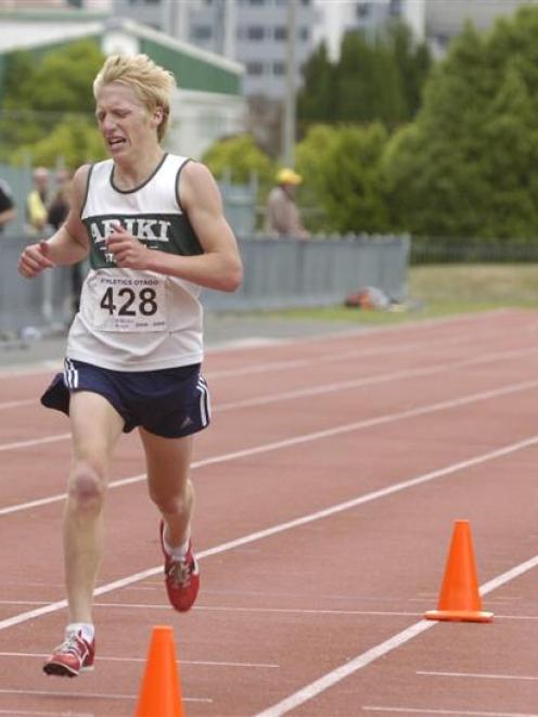 Bryce Morgan (Ariki) wins the Otago 3000m title at the Caledonian Ground on Saturday. Photo by...